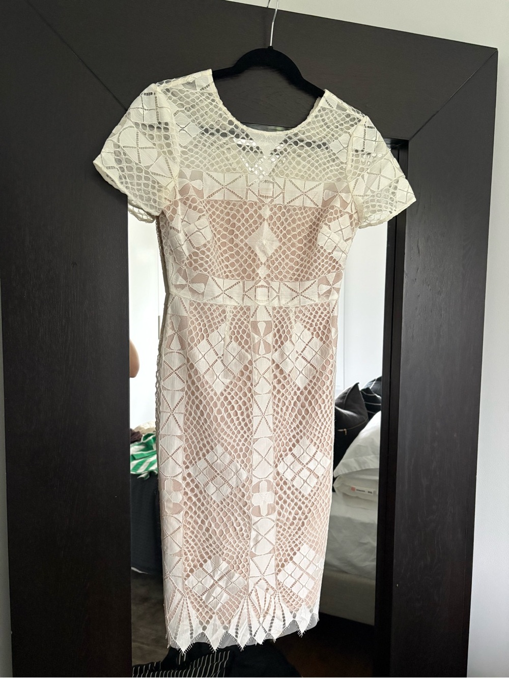 BCBGMaxAzria White Lace Midi Dress with Nude Slip